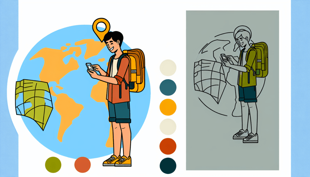 Imagine a cheerful student with a backpack, casually checking an app on his smartphone, and a map of the world nearby. This evokes the idea of travel and safety achieved through international health insurance. Design this scenario in a simplistic, minimalistic style akin to vector artwork. Use full color for this image, focusing primarily on two colors: lime-like color with hex code #A3C503 and a shade of orange with hex code #ed7020. The student should be unbiased in race and presents an accurate depiction of a modern, technology-savvy young adult. No background is needed for this image.