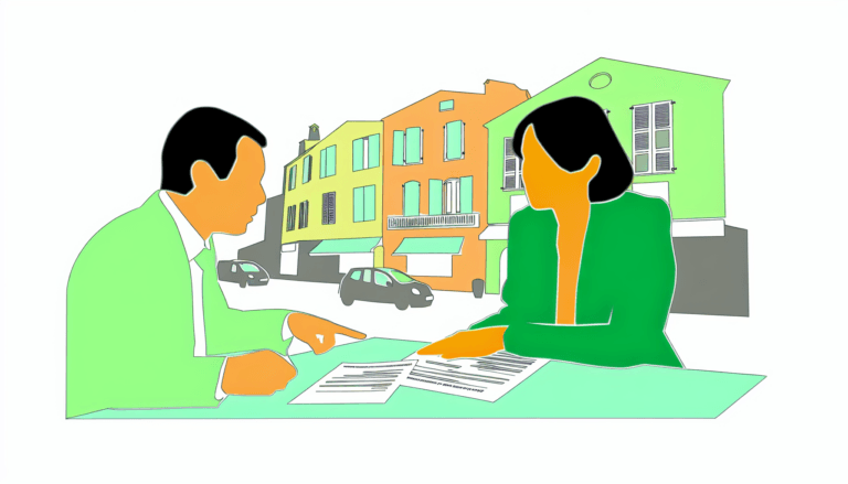 Create a full colour, minimalistic vector illustration without a background. This illustration showcases an Asian female insurance broker in Nice, France, enclosed in dialogue with a Middle-Eastern male client. Highlight their consultation over financial documents and offering advice. The primary colors to be utilized in this portrayal are green (#A3C503) and orange (#ed7020).