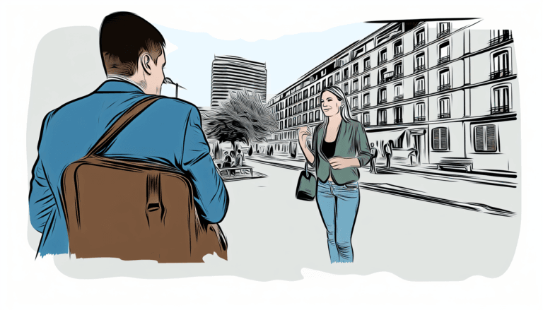 A detailed full color illustration depicting an expatriate engaged in a discussion with an insurance broker. They are in an urban environment, potentially resembling the atmosphere of cities like Paris or Nice. The illustration should emphasize the elements of negotiation and collaboration between the two individuals. The style of the representation should be minimalistic, using vector line art. A neutral backdrop is preferred, without any specific background. The image should make prominent use of the main colors #A3C503 and #ed7020.