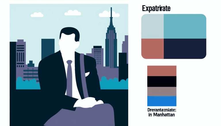 A full color, minimalist vector illustration of an expatriate in a professional meeting in Manhattan, discussing his insurance needs. The setting is urban and dynamic. He is a Caucasian man, dressed in professional attire and appearing engaged in the conversation. The color palette for the image should primarily include #A3C503 and #ed7020, and there should be no background.