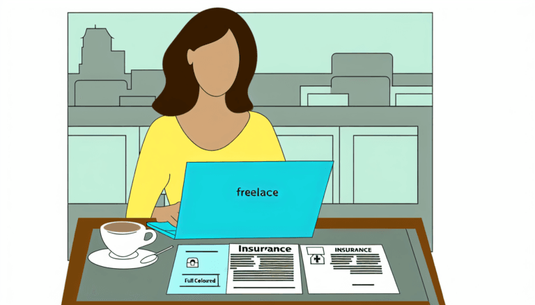 A freelance Caucasian female working on her laptop in a foreign café, with insurance documents laid out on the table. The image is simple, full coloured and minimalist. It's a vector illustration with no background and mainly uses the colours #A3C503 and #ed7020.