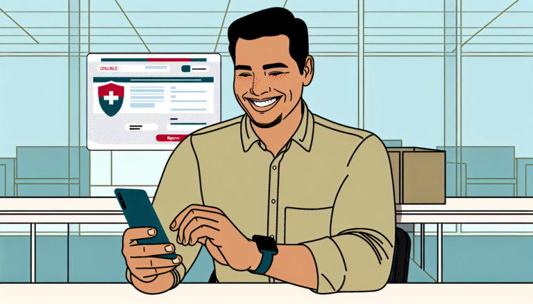 Generate an image of a smiling Hispanic man, phone in hand, browsing through an online insurance broker's website. The scene should be set in a well-lit office environment. The style should be simple, in full color, and minimalist with a vector illustration quality to it. Remove any background from the image. The primary colors to be used in the creation of this image are #A3C503 and #ed7020.