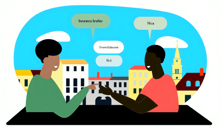 Generate an image illustrating a minimalist and colorful scene: an insurance broker of French descent and Caucasian gender explaining different options to a client of French descent and Black gender. This interaction takes place against the backdrop of urban landscapes, specifically from the cities of Nice and Paris. The style of the image should be put forth to resemble a simple vector illustration with no background.