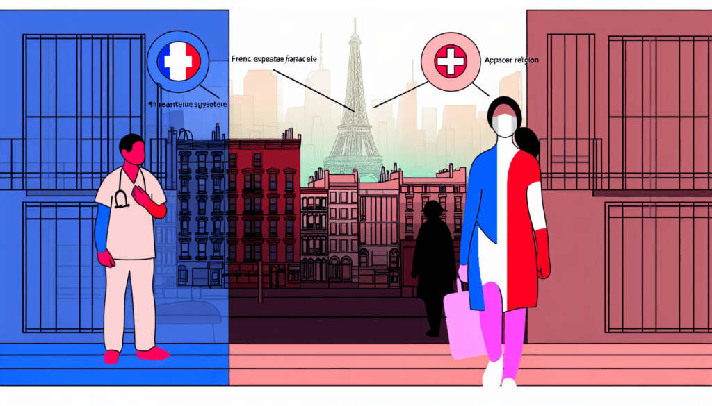 Create a minimalist, full-color, vector illustration with no background. Show a French expatriate navigating the healthcare system in an urban environment of New York. The persons in the illustration aren't associated with any apparent religion.