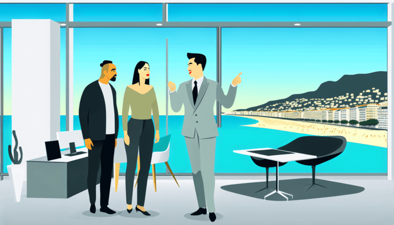 Craft a minimalist, full-color vector illustration of a scene set in a modern office. The scene features a South Asian male broker enthusiastically explaining health insurance comparisons to a couple, who are standing with him. The woman is Caucasian and the man is of Middle Eastern descent. Throughout the office, sleek furniture and high-tech devices can be observed. An expansive window frames a breathtaking view with either the coastline of Nice or the iconic skyline of Paris looming in the background. The individuals are French in nationality, but no religious affiliations are depicted.