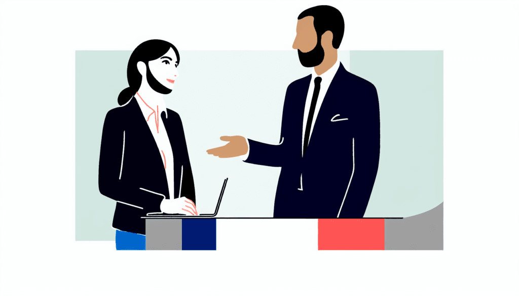 Create a full-color, minimalist, vector illustration with no background. The scene takes place in a professional setting in either Nice or Paris, depicting a Caucasian female broker offering personalized assistance to a Middle-Eastern male client. Both individuals are French with no apparent religious affiliation. The broker is professionally dressed, emanating a sense of authority and trust, while the client exhibits a receptive and engaged demeanor. The aesthetics and design of the illustration should invoke a sense of simplicity and elegance.