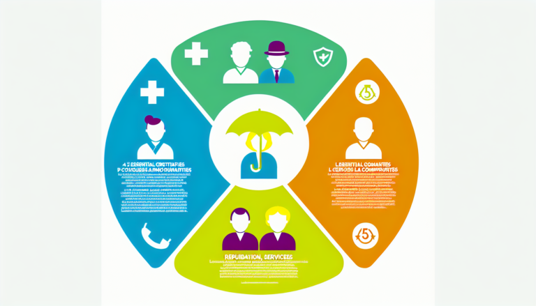 An infographic depicting the five essential criteria for choosing an insurance broker. This includes iconographies related to reputation, services, and other important factors. The style should be simple, vibrant and full of color, utilizing a minimalist, vector-based approach. The infographic does not require a background. Depict a group of people who are French descent, with no apparent religious affiliations.