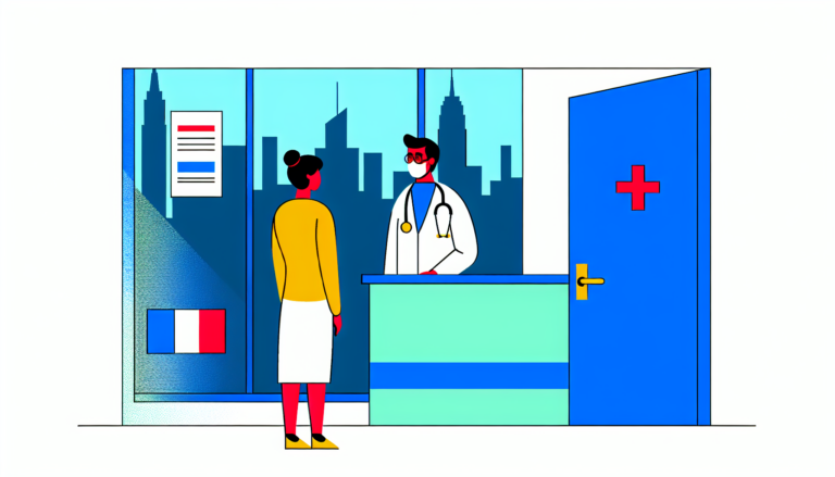An image in vibrant and minimalist vector illustration style, with no background. It features a bilingual physician, who is of French descent, inside a modern medical office located in New York. He is greeting a French-speaking patient who also shares French ancestry. There are no evident religious symbols on either person. One of the windows offers an unobstructed view of the Manhattan skyline.
