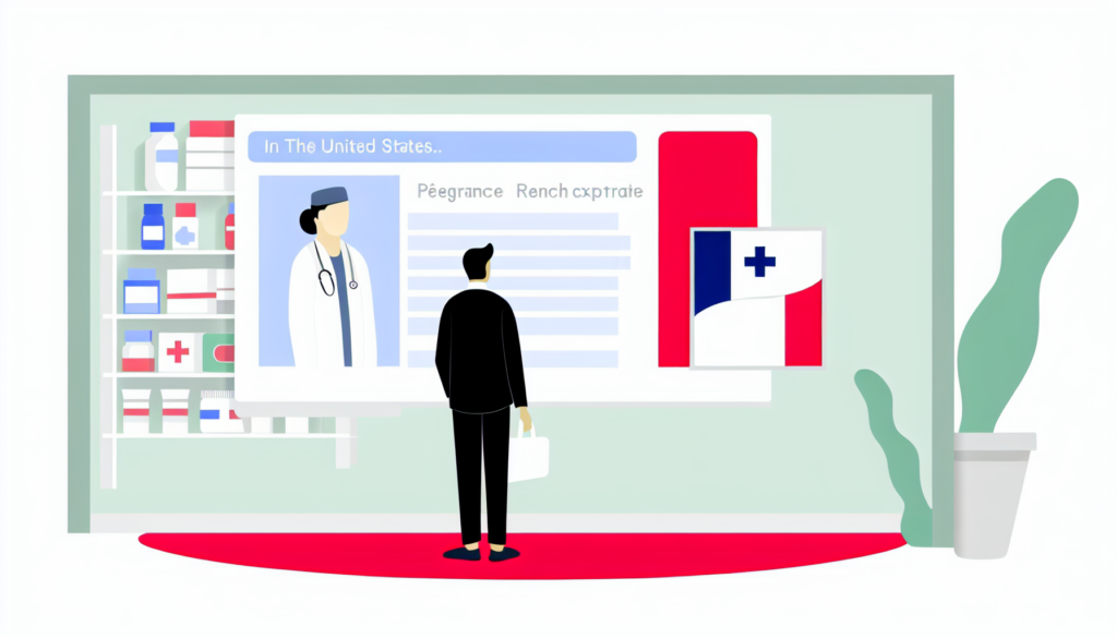 Create a simple, full-color, minimalist, vector-style illustration with no background. The scene features a French expatriate who is in the United States, searching for a French doctor or pharmacy. It's important to emphasize that the person is French but without any visible religious affiliation. The individual could be depicted using distinctive French objects or style for an immediate recognition of the person's French origin while ensuring a neutral presentation in terms of religion.