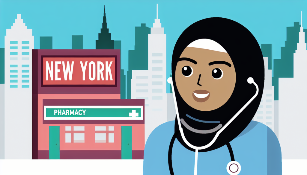 A Middle-Eastern female doctor wearing a stethoscope in front of a 'New York' signboard, with a pharmacy building in the backdrop, illustrating the city's healthcare and pharmacy services. The visual should be vibrant, simplistic, and minimalist in nature, feasibly designed in a vector illustration format. There should be no background in the illustration, and the characters should be French, demonstrating no apparent religious affiliations.
