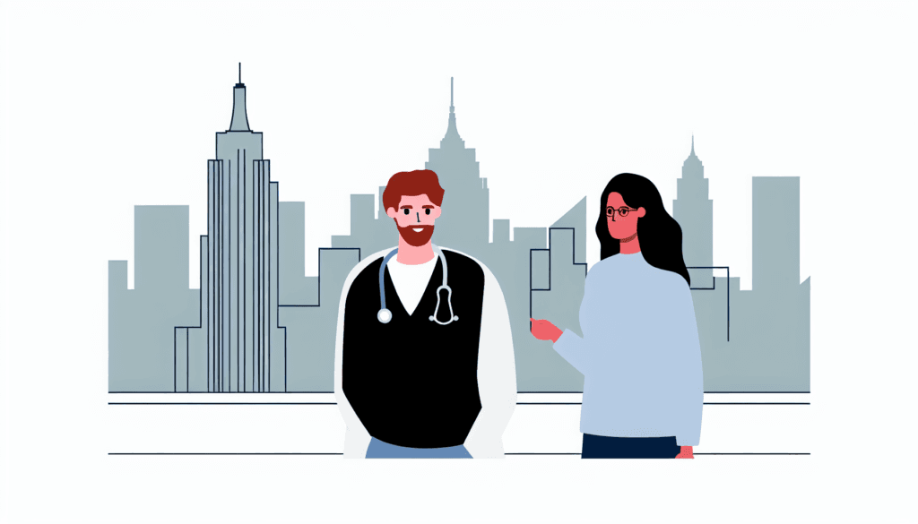 Create a full-colour, minimalistic vector illustration with no background. In the scene are a Caucasian French male doctor and a Caucasian French female patient in an urban setting, with the iconic Empire State Building of New York in the background. The individuals are depicted in a casual interaction, bearing no visible religious symbols, reflecting their French identity.