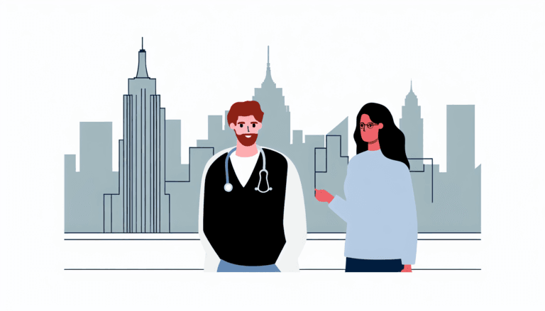 Create a full-colour, minimalistic vector illustration with no background. In the scene are a Caucasian French male doctor and a Caucasian French female patient in an urban setting, with the iconic Empire State Building of New York in the background. The individuals are depicted in a casual interaction, bearing no visible religious symbols, reflecting their French identity.