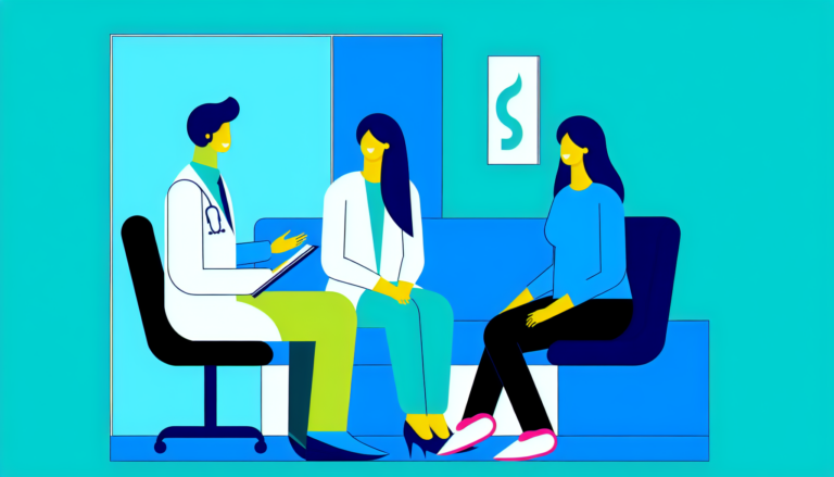 Create a vivid, full-color, minimalist vector illustration with no background. It should depict a consultation scene where a French Caucasian male doctor and a French Hispanic woman are engaged in a conversation in a modern medical office located in Miami. Both individuals do not exhibit any apparent religious affiliation.