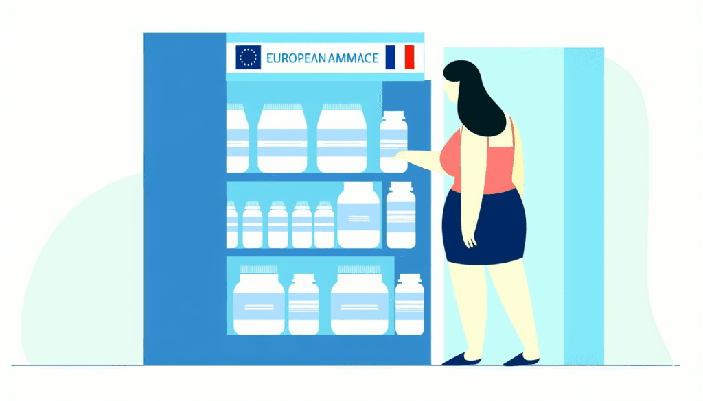 A French expatriate in Miami, exploring a pharmacy for European medications displayed on a shelf. The image is rendered in a simple, full-color, minimalistic style and is a vector illustration without any background. The people are of French descent, with no apparent religious affiliations.