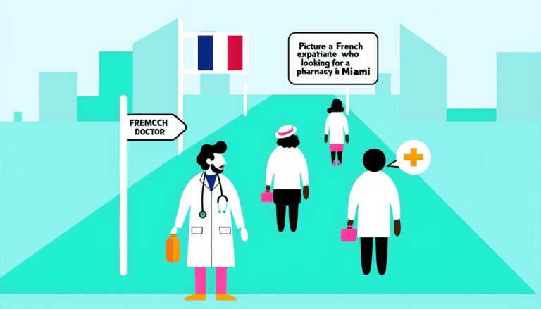Create a full-color, minimalist vector illustration with no background. Picture a French expatriate who is looking for a pharmacy in Miami. The street should have medical signs, and also depict a French-speaking doctor. Everyone in the illustration is French, but their religious beliefs are not visibly displayed.