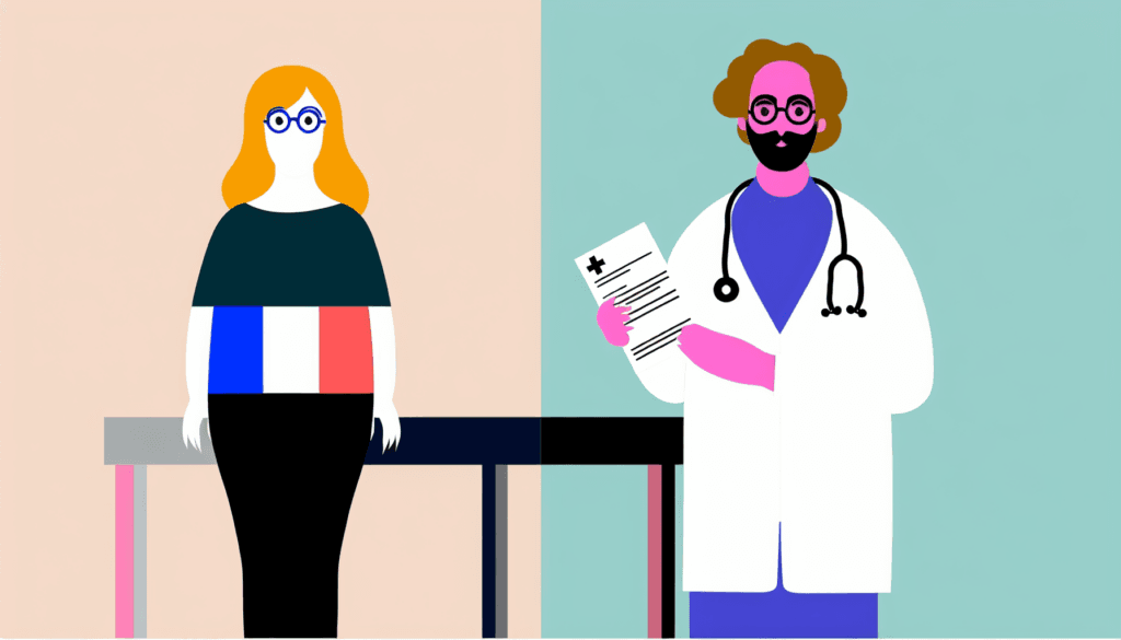 Create a full-colour minimalist vector illustration with no background, depicting a French expatriate of Caucasian descent consulting with a Hispanic physician in Miami. Both individuals are depicted as gender-neutral and do not show any apparent religious affiliations. The French expatriate is holding a clearly visible medical bill.