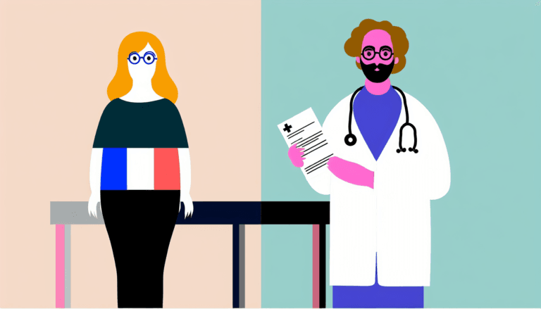 Create a full-colour minimalist vector illustration with no background, depicting a French expatriate of Caucasian descent consulting with a Hispanic physician in Miami. Both individuals are depicted as gender-neutral and do not show any apparent religious affiliations. The French expatriate is holding a clearly visible medical bill.