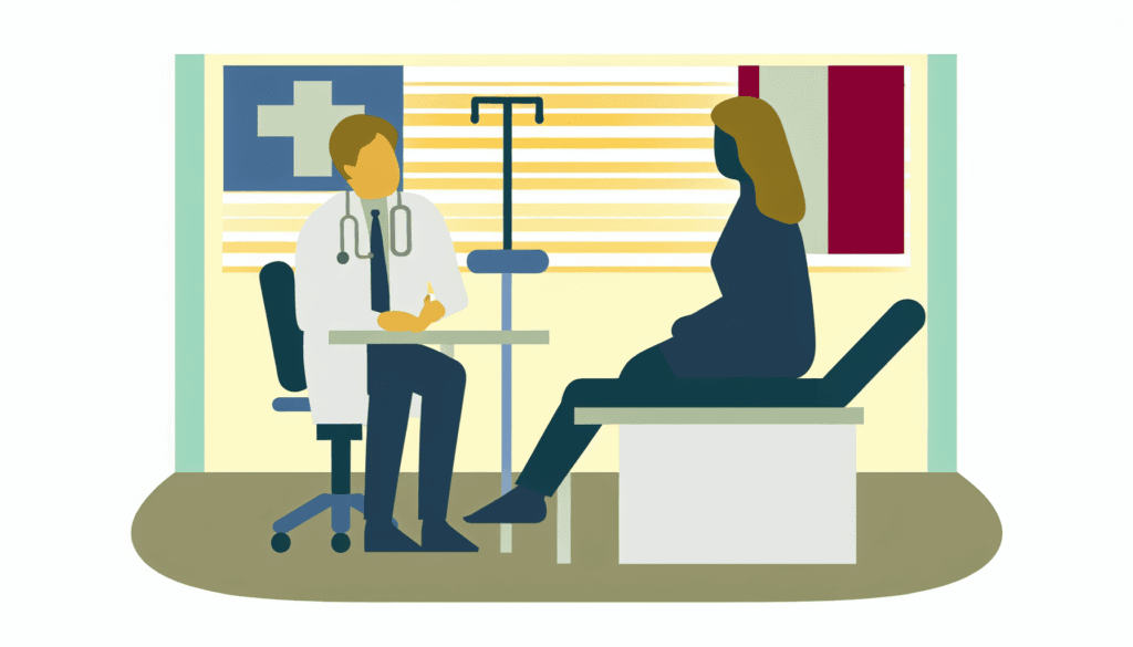 Generate a full-color, minimalist, vector-styled illustration with no background, focusing on a reassuring and professional atmosphere. Picture a Hispanic male expatriate in America, in search of a French doctor. The humans depicted have French descent and show no apparent religious affiliation.