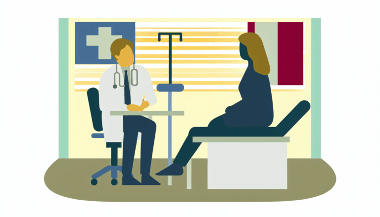 Generate a full-color, minimalist, vector-styled illustration with no background, focusing on a reassuring and professional atmosphere. Picture a Hispanic male expatriate in America, in search of a French doctor. The humans depicted have French descent and show no apparent religious affiliation.