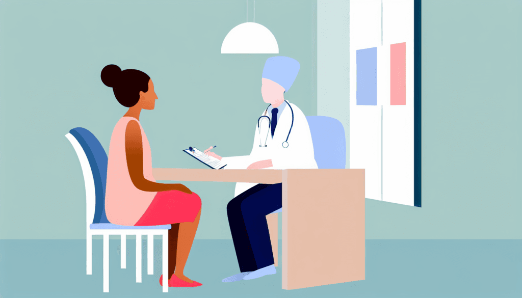 An expatriate patient engaging in a conversation with a French doctor in a clinic located in Miami. The scene should be depicted in a minimalist style with full color and no background, produced in a vector illustration format. The individuals involved are French with no visible religious affiliations. Please ensure that the ethnicity and gender of the individuals are diversified and realistically representative, highlighting an inclusive and diverse representation of the French population.