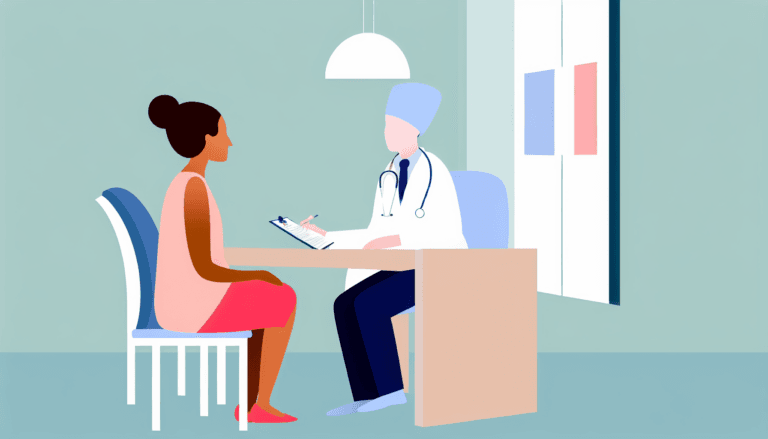 An expatriate patient engaging in a conversation with a French doctor in a clinic located in Miami. The scene should be depicted in a minimalist style with full color and no background, produced in a vector illustration format. The individuals involved are French with no visible religious affiliations. Please ensure that the ethnicity and gender of the individuals are diversified and realistically representative, highlighting an inclusive and diverse representation of the French population.