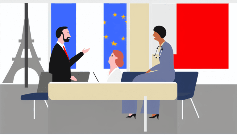An expatriate engaged in a conversation with a doctor in a modern medical office. The background features French and American flags. The scene is to be represented in a simple, full-colour, minimalistic vector illustration with no background. The individuals portrayed are of French descent without any apparent religious affiliations.