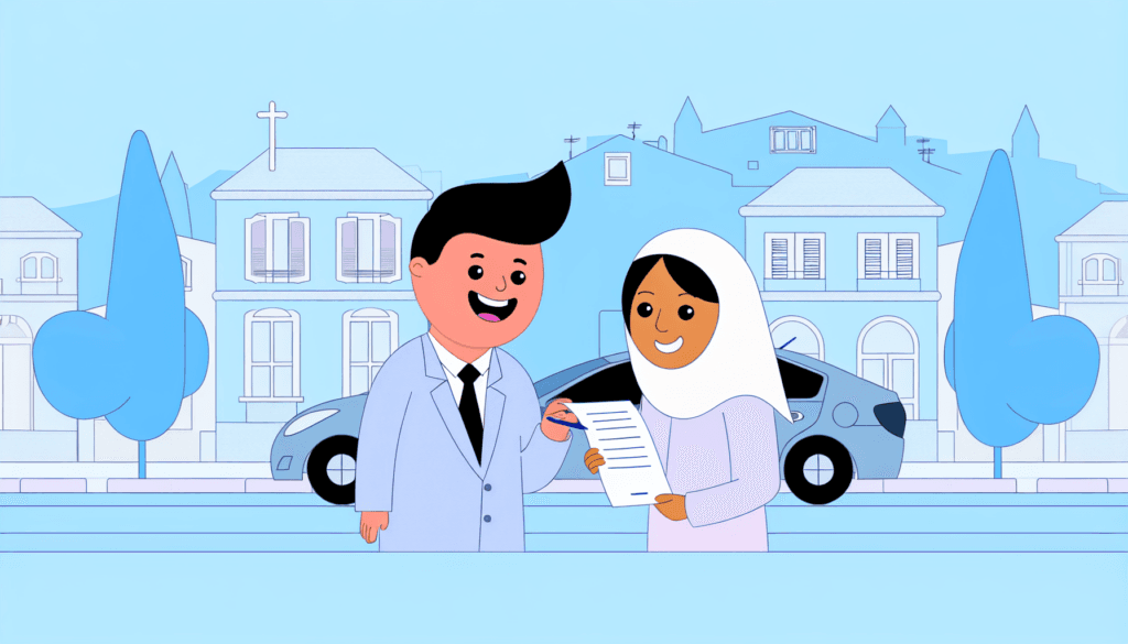 Create a full colour, minimalist, vector illustration without a background, depicting a joyful Hispanic male customer standing in front of his car in an urban setting in Nice, France. He has just signed an auto insurance contract with a cheerful South Asian female insurance broker. The characters don't appear to follow any specific religion as there are no visible religious symbols like veils, crosses, or yarmulkes.