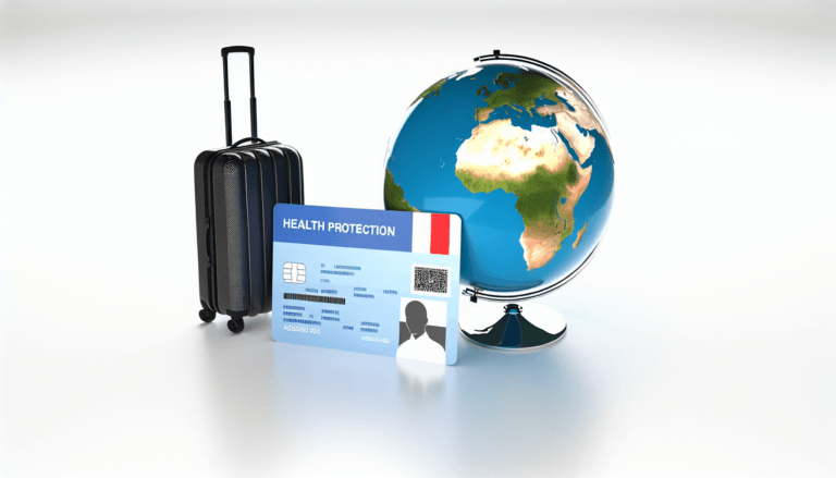 Illustrate a French expatriate consulting a doctor abroad with an insurance card in his hand. The style should be minimalist and in full color, with a clean vector quality, and no background. There should be no apparent religion for both individuals.