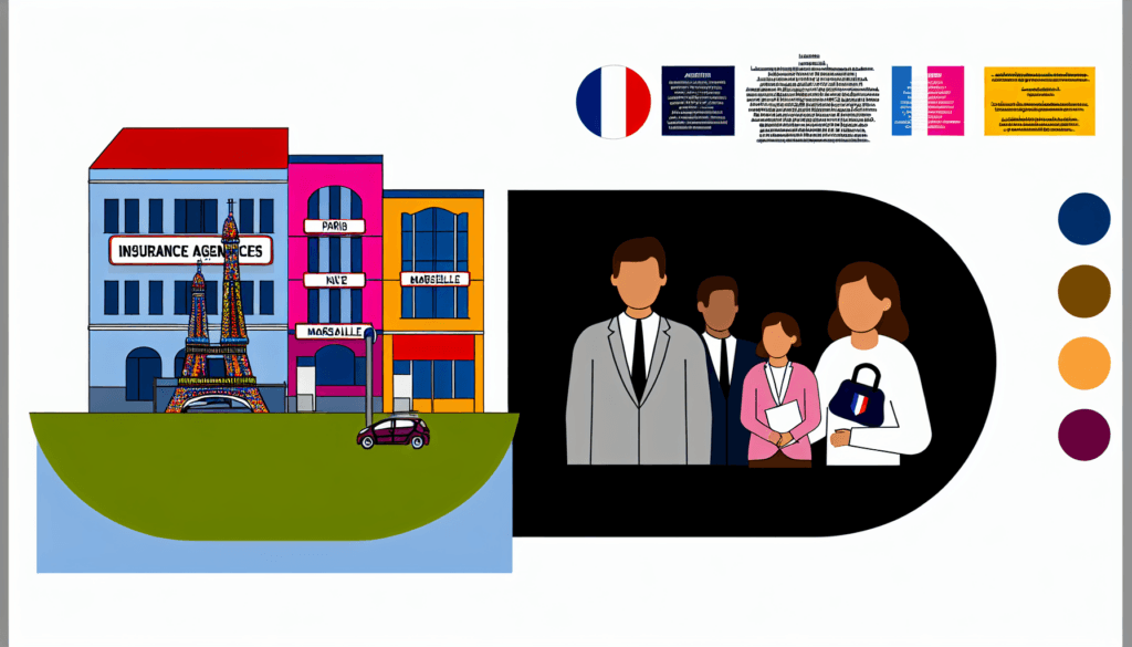 Create a full colour, minimalist and vector illustration depicting the insurance agencies located in Paris, Nice, and Marseille. Include elements related to insurance in the scene. The individuals present are French of unspecified descent with no apparent religious affiliation. The artwork should have no background.