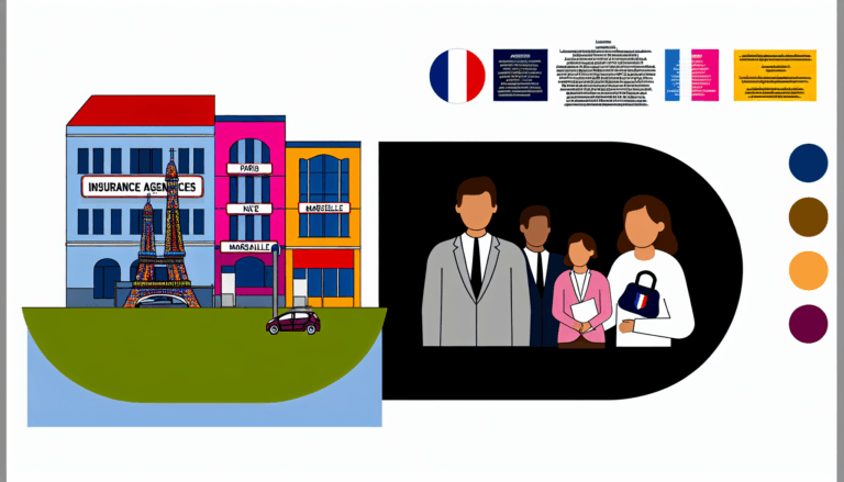 Create a full colour, minimalist and vector illustration depicting the insurance agencies located in Paris, Nice, and Marseille. Include elements related to insurance in the scene. The individuals present are French of unspecified descent with no apparent religious affiliation. The artwork should have no background.