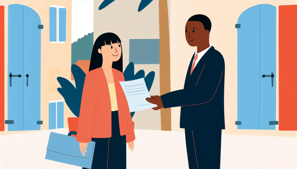Illustrate a warm and friendly meeting between an Asian insurance broker holding documents and a Black client, in the beautiful setting of Nice, France. The individuals should be drawn in a simple, full-color, minimalist, vector style, without any religious symbols apparent on them. The background area should be left empty to maintain the focus on the characters and avoid visual distractions.