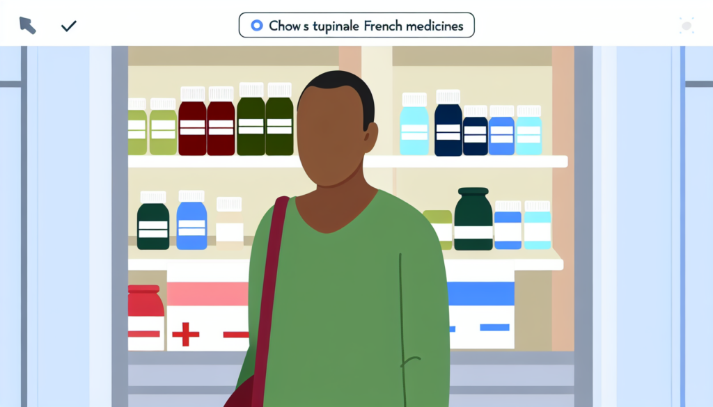 Create a full colour, minimalist, vector illustration of a French expatriate who is Caucasian, buying medicines in a pharmacy in Miami. Show typical French medicines in the scene. The individual is of no apparent religion. There is no specific background implied.
