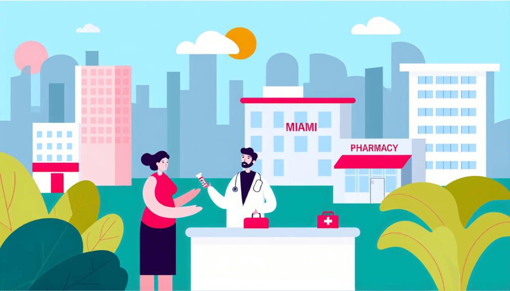 Illustration of a patient seeking medical assistance in Miami, interacting with a doctor, with a pharmacy and a hospital in the background. The depiction is in full colour, has a minimalist design, and utilizes a vector art style while not having a distinctive background. The people depicted are of French descent with no apparent religious affiliation.