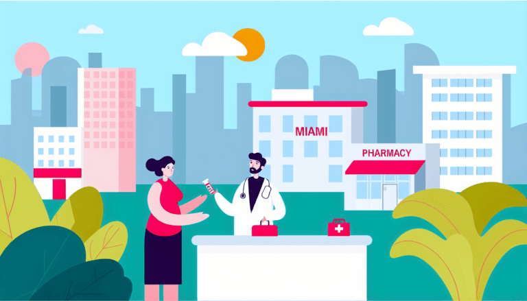 Illustration of a patient seeking medical assistance in Miami, interacting with a doctor, with a pharmacy and a hospital in the background. The depiction is in full colour, has a minimalist design, and utilizes a vector art style while not having a distinctive background. The people depicted are of French descent with no apparent religious affiliation.