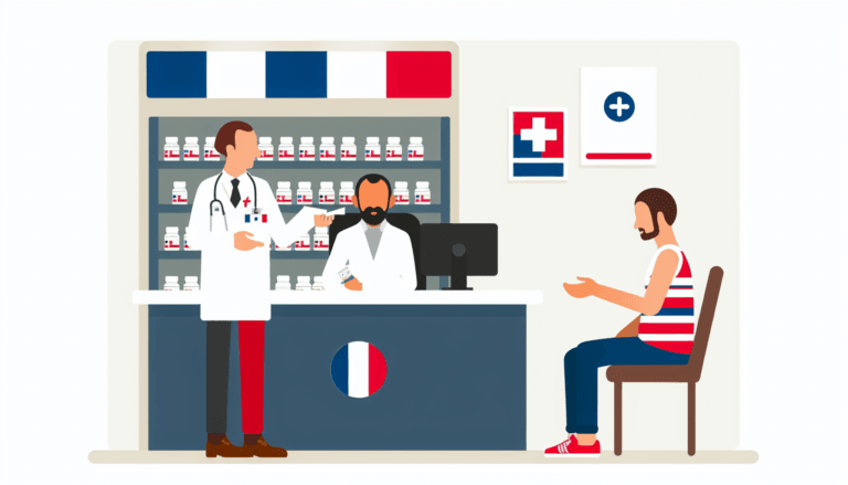 Create a full color, minimalistic, and vector-styled illustration of a French expatriate receiving medical care in Miami. The setting includes a doctor, with a pharmacy visible in the background. The characters are French with no apparent religion. The style should be simplistic with no background.