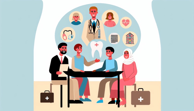 Generate a full-color, minimalist, vector illustration of an insurance broker in Nice, France, presenting a supplementary health insurance plan to a joyful family sitting around a table. The family includes members of different ages and genders, reflecting a balance of diversity. The background features various health-related icons such as a stethoscope, a pair of glasses, a tooth, and a hospital. All characters are neutrally dressed without any distinct religious symbols such as a veil, cross, or kippa. The illustration does not include a background.