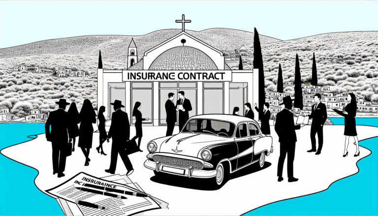 A gleaming classic car parked in front of a Mediterranean landscape, with an insurance contract laid out on the hood, at the backdrop of a modern insurance office. People around are without any apparent religious symbols (no veils, crosses, kippahs etc.). The scene should be illustrated in a simple, full colour, minimalist, vector style with no background. Just the essential details to discern the office and the car amid the stunning landscapes characteristic of the Mediterranean region. The gleaming car, the contract and the modern office elements should be the focal points of the illustration.